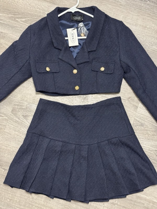 CIDER Women's Blue Tweed 2-Piece Skirt Suit Set Cropped Jacket Notch M