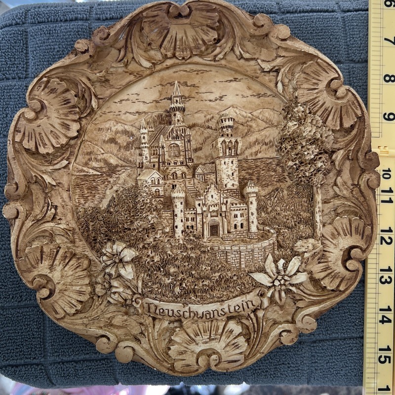 Vintage German Neuschwanstein 3D Wood Carved Castle Plate 9” Great Condition!