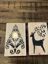 Christmas Reindeer And Tree Wood Mounted Rubber Stamp Set of 2