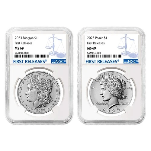 2pc Set - 2023 $1 Morgan and Peace Silver Dollar NGC MS69 FR Blue Label