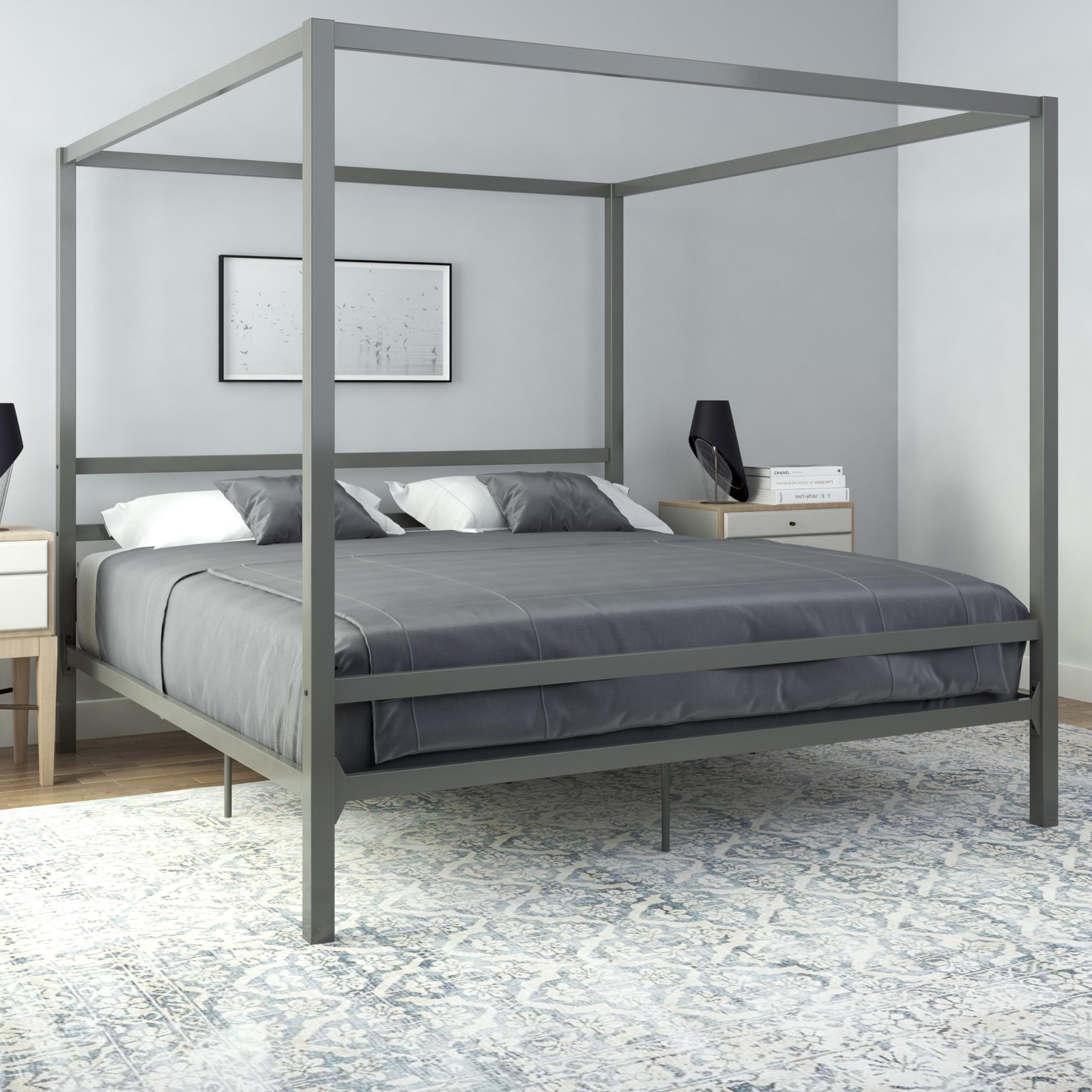 DHP King Metal Canopy Bed, Modern Design with Built-In Headb