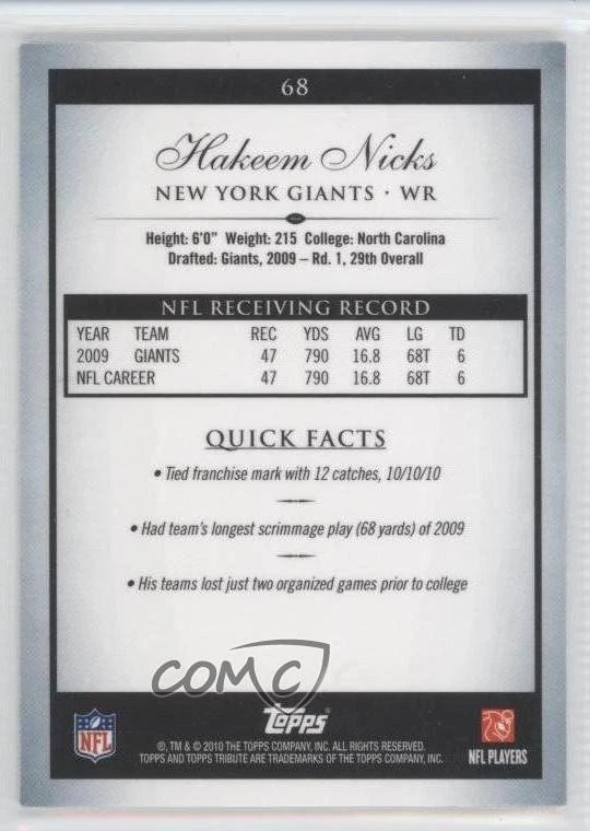 2010 Topps Tribute Gold Rainbow /20 Hakeem Nicks #68 - Image 2 of 2