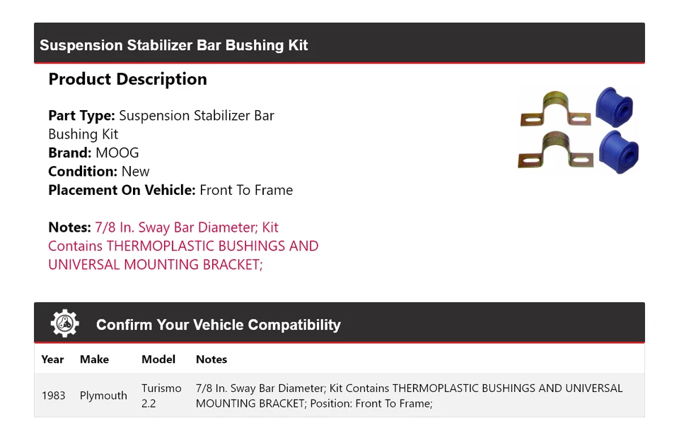 Kit de buje de barra estabilizadora de suspensión 2.2 MOOG para Plymouth Turismo 1983 Foto 2 de 3