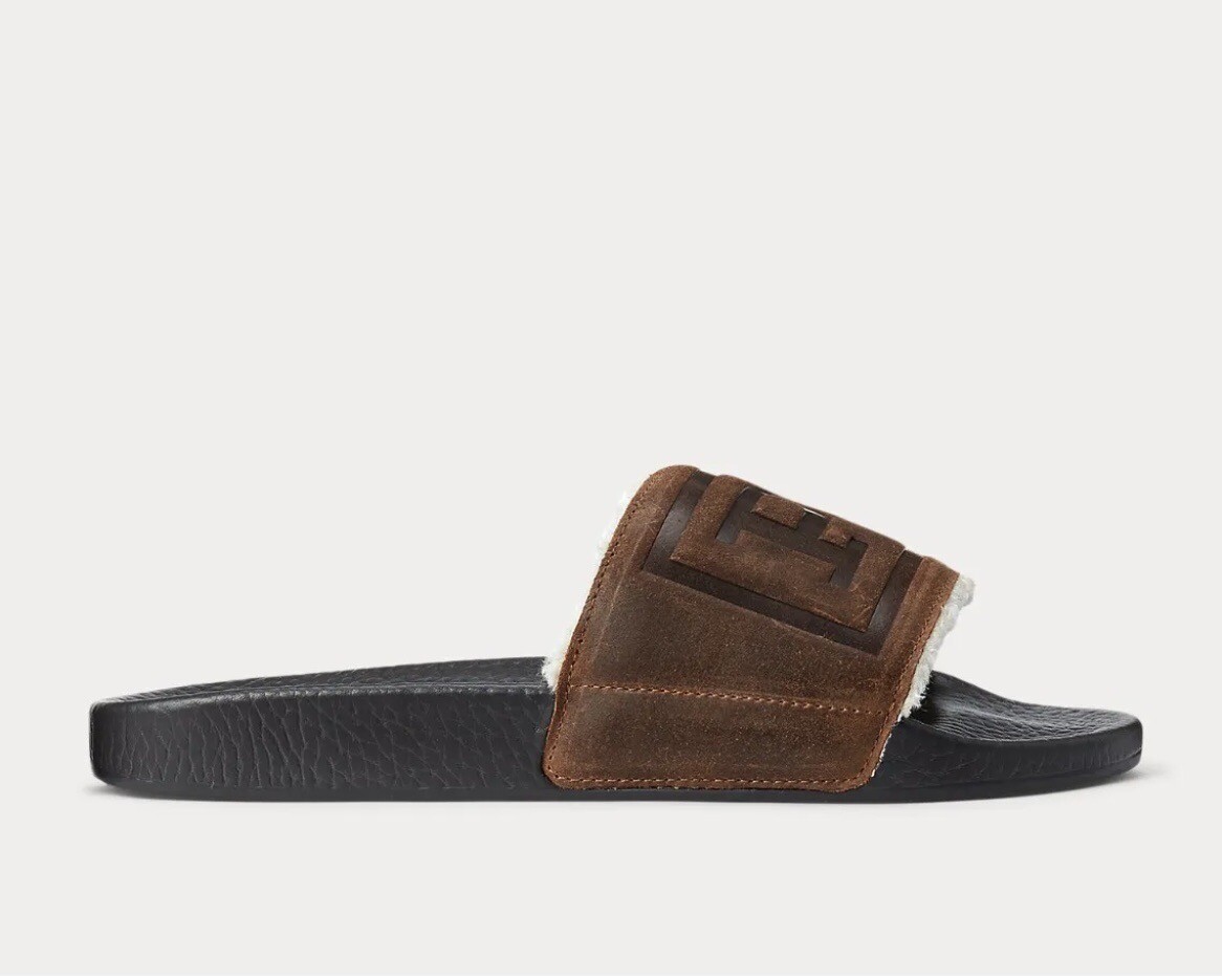 Polo Ralph Lauren Suede Leather Shearling Lined Logo Slides  display picture 1