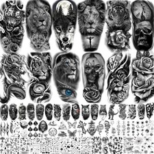 61 Sheets Body Tattoo Waterproof Fake Tattoo Sheets Realistic Skull Animal Wolf