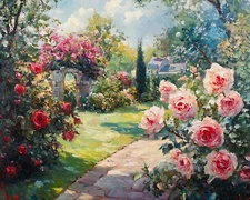 Garden with blooming roses oil painting 8x10 Print