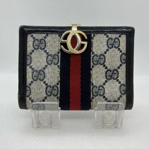 Portefeuille compact double pli cuir PVC Supreme GUCCI Sherry Line GG bleu marine 2203