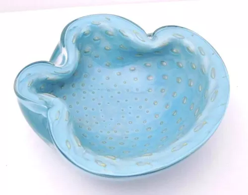 Vintage Murano Alfredo Barbini Art Glass Bowl Mid Century Blue Gold Aventurine