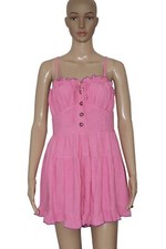 UO Betti Linen Romper Urban Outfitters Pink Button Detail Ruffle New Small S