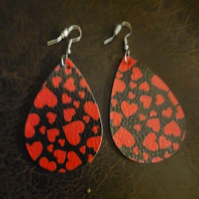 Black with Red Hearts Teardrop Shaped Drop Dangle Earrings