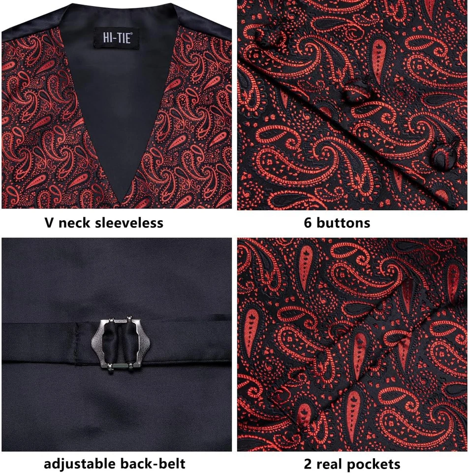 Hi-Tie Men'S Suit Vest and Tie Set Formal Waistcoat V-Neck Paisley Vest and Tie  - Image 4 of 4