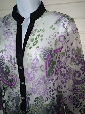 Investments Sz SMALL Purple White Paisley Leopard L/S Button Up Shirt Sheer EUC