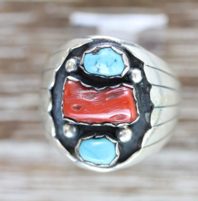 VINTAGE MEN'S INDIAN NATIVE AM STERLING SILVER 925 TURQUOISE CORAL RING 10.75
