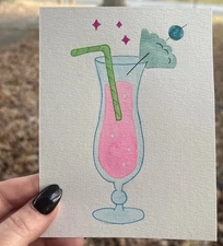 Original Art ACEO ATC Miniature Cocktail Bar Vodka Lime Margarita Daiquiri  