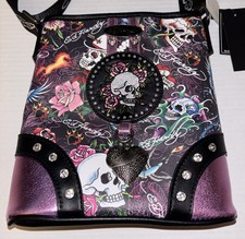 Ed Hardy Pink Skulls Roses Flaming Hearts Any 2 Names Crossbody Purse Rhinestone
