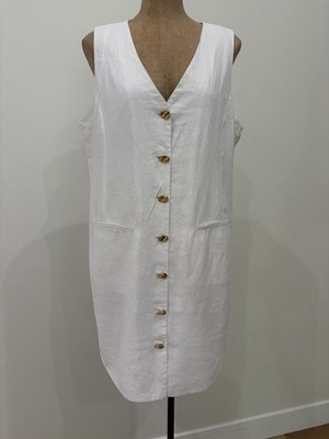 Rachel Zoe Sleeveless White Linen Blend Gold Button Dress Women's Size Large