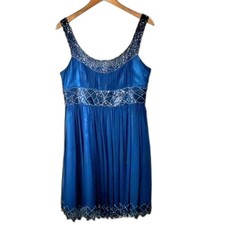Elegant Adrianna Papell Blue 100% Silk Scalloped Beaded Detail Formal Dress 12P