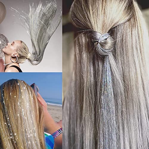 Tracy Silver Hair Tinsel with Tool, 47 Inch 800 Strands Shining Shining Silver - Picture 5 of 6