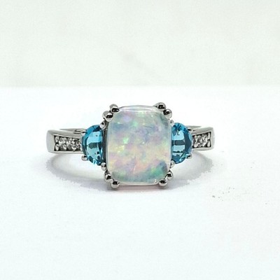 2.50CT Opal & Blue Topaz Ring with Diamonds Engagement Band Sterling Silve