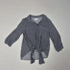 Vixbe Checkered Navy Blue Long Sleeve Button Up Collared Shirt Ties At Bottom