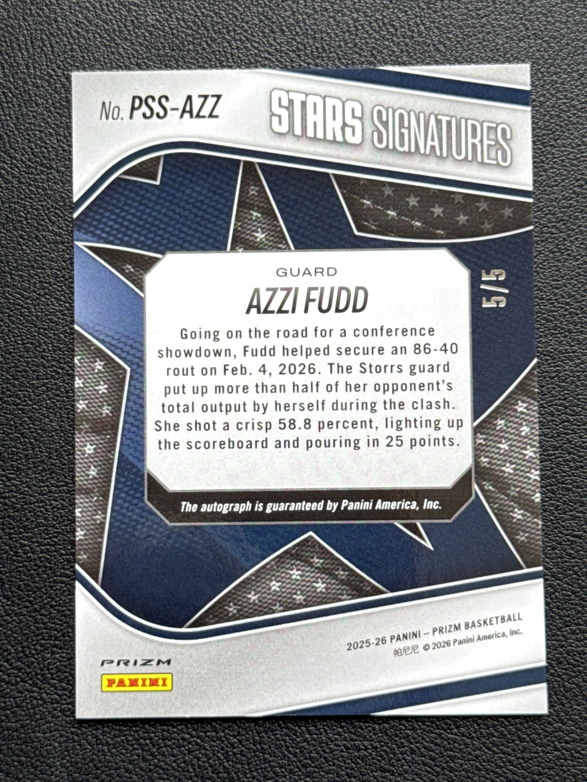 2025-26 Panini Prizm Stars Signatures 5/5 Black Gold Auto Azzi Fudd PSS-AZZ NIL view 2