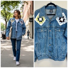 Cottagecore Boho Grannycore Denim Jacket Vintage Upcycled Crotchet Camping Outer