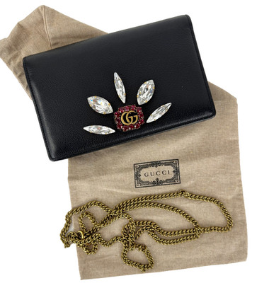 Gucci New Auth Black Leather Mini GG Marmont Crystal Wallet Chain Bag Dust Bag