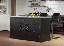 Kitchen Island Black with Grey Granite Worktop Wine Rack Breakfast Bar