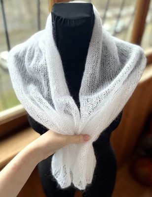 Loose Hand Knit Thin White Scarf Soft Kid Mohair, Light Fuzzy