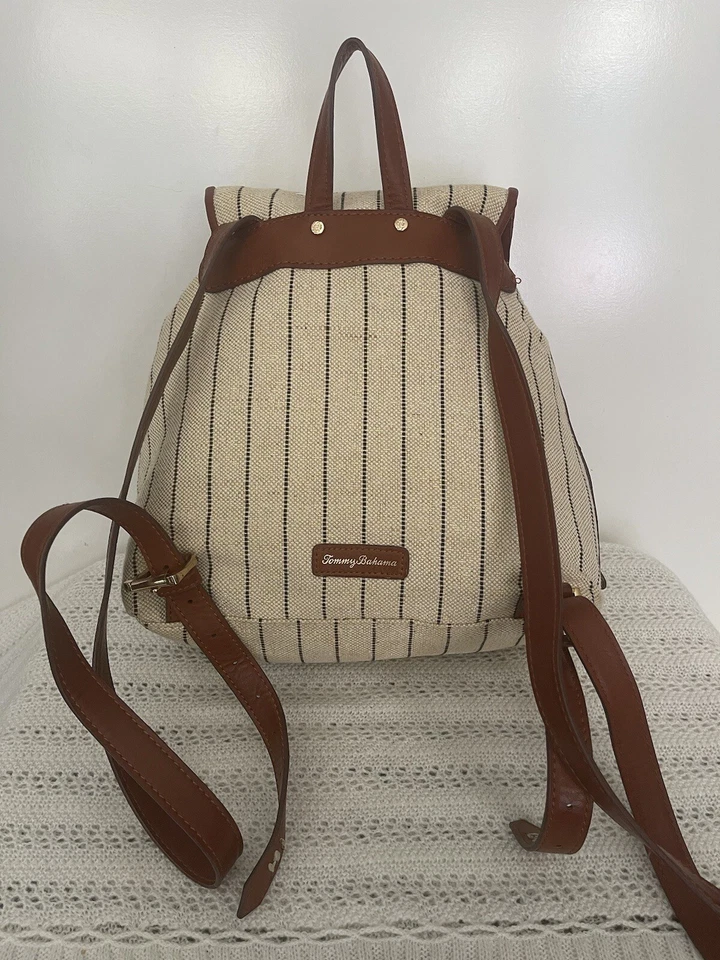 Tommy Bahama Womens Waikiki Backpack Embroidered Linen Leather Purse - Image 4 of 4