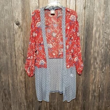 Truself One Size Kimono Top Duster Red Blue Mix Print Mesh Topper OS Stretch