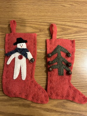 2 Primitive Look Christmas Stockings Hand Made Wool & Felt W/ Bells Approx 7 