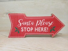 New Christmas "Santa Please Stop Here" Arrow Wood Block Sign Decor Distressed
