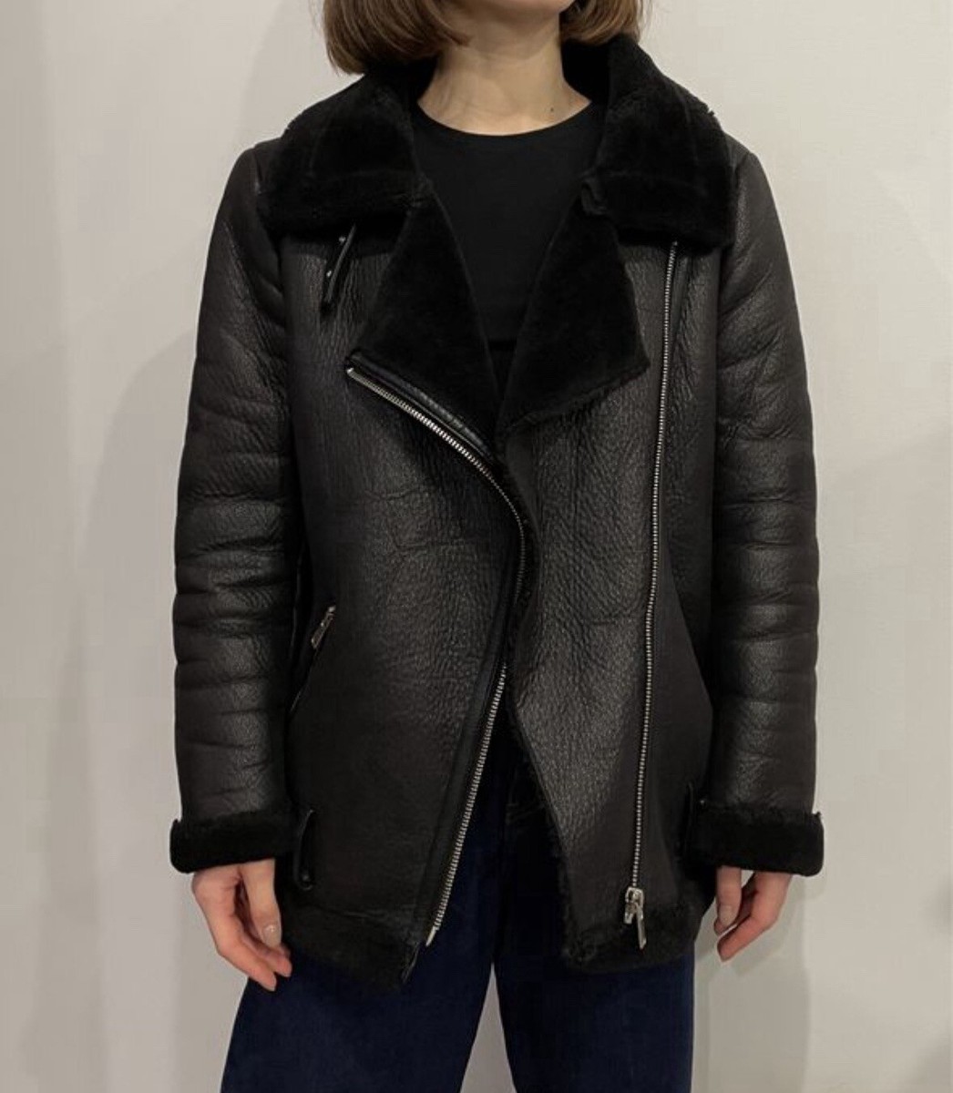 ZARA Womens Aviator Shearling Winter Jacket Black Moto Biker Size