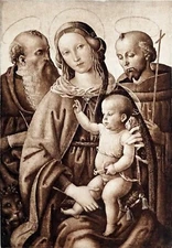 La VIERGE, JÉSUS, St-JÉRÔME et St-FRANÇOIS d'ASSISE (XVe siècle)- Gravure du 19e