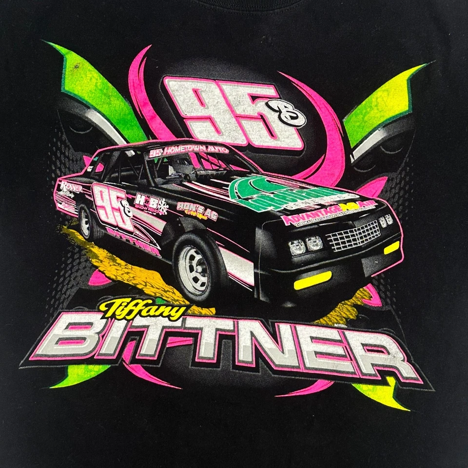 复古 IMCA Stock Car 女式 M 黑色双面霓虹图案赛车衬衫 — 第 2/4 张图片