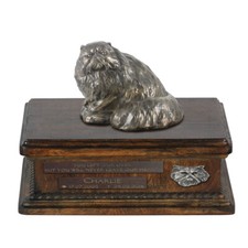 Persian Cat urn for cat ashes, personalized urn with a statuette, wooden urn wit