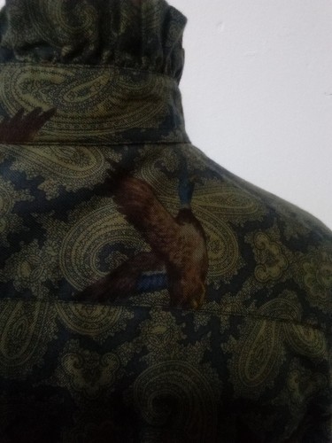 Cheyne Cotton Ruffle Collar Green Paisley Duck Pattern Shirt Size L Vintage - Picture 8 of 12