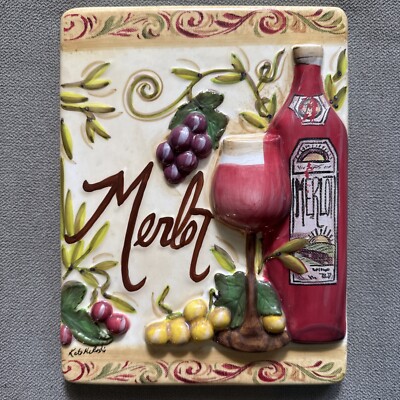 Kate McRostie Ceramic 3D Kitchen Wall Plaque Art Wine Bottle Glass Grapes VTG