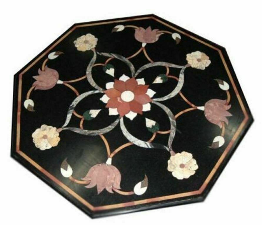 12-inch black marble coffee table with antique malachite inlay and 12-inch height-image