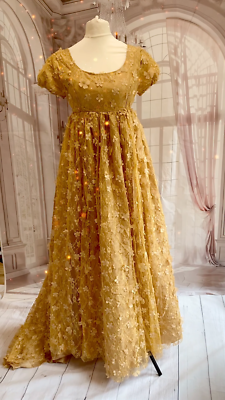 Regency Bridgerton Jane Austen Dress gold petals 1800s costume empire waist  | eBay