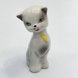 Vintage Japan Porcelain Cat Figurine Grey & White Business w Yellow Tie Mustache