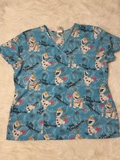 Disney Frozen Olaf Scrub Top Womens Size Large Blue Short Sleeve Shirt