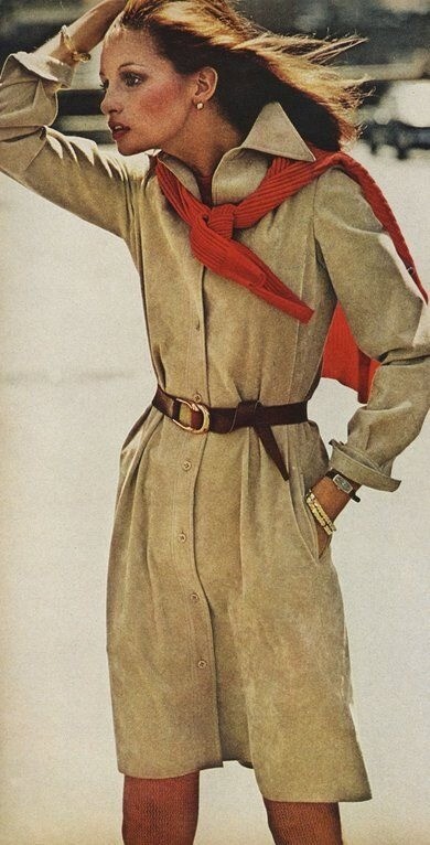 Halston Vintage Spring 1974 Tan Brown Ultrasuede Suede Shirt Dress