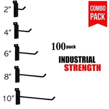 Black Slatwall Hooks Combo Pk of 100 Assorted Sizes(20) of Ea 2",4",6", 8" &10" 