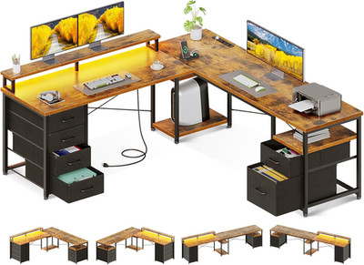 66'' L Shaped Computer Desk, 113  Reversible Home Office Desk with File Cabinet &