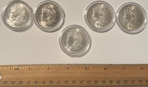 US Coin Lot Of 5, Morgan Silver Dollars, 2 Of 1884, 2 Of 1902, 1 Of 1904, VG Cnd