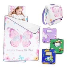  Toddler Nap Mat with Removable Pillow and Flannel Blanket, Pink Butterfly