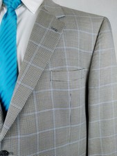 Jos A Bank Mens 48R Gray Houndstooth Silk Wool 2Btn Blazer Sport Coat Blue Check