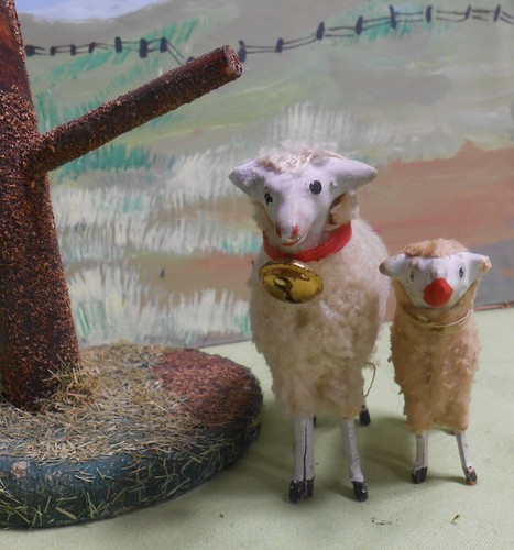 Germany  3 " Tall Wooly Sheep and Baby  with a Putz  Tree Trunk - Stick Legs - Picture 3 of 4